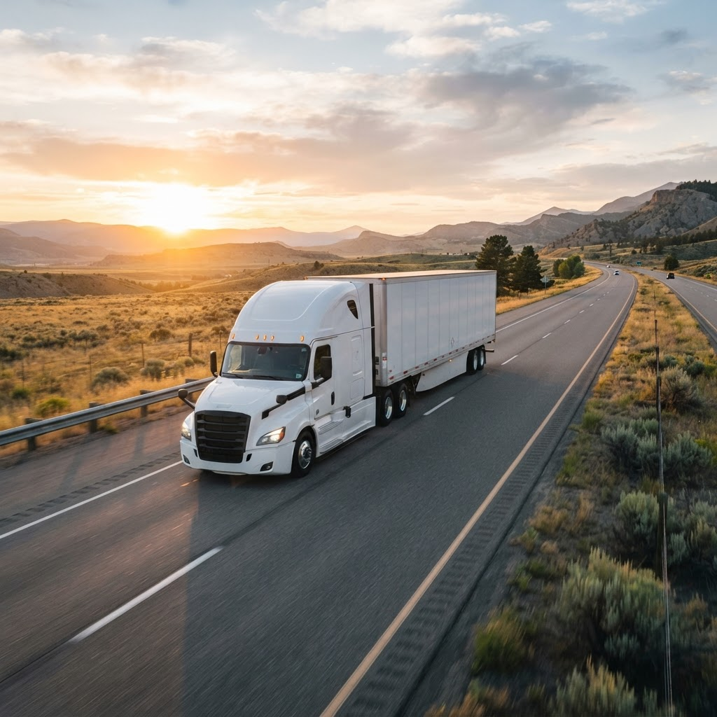 Semi truck with a dry van trailer driving on an open highway