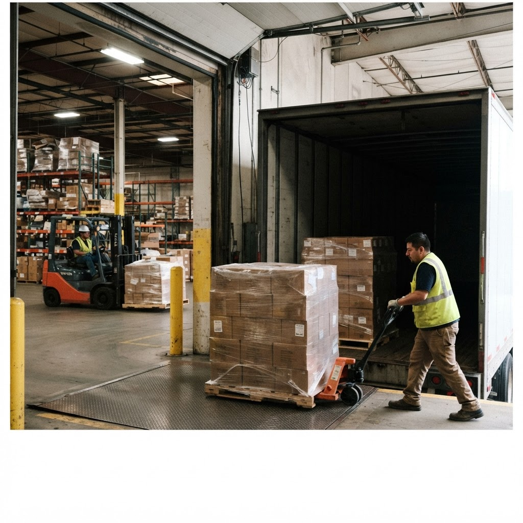 Palletized freight being loaded into a trailer at a warehouse dock