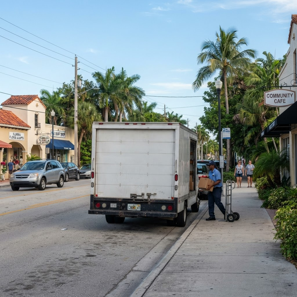 White box truck making a local delivery on a commercial street