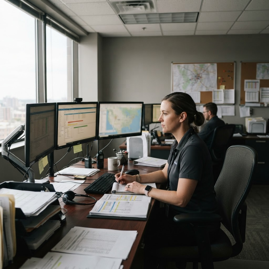 Logistics coordinator reviewing routes at a dispatch desk