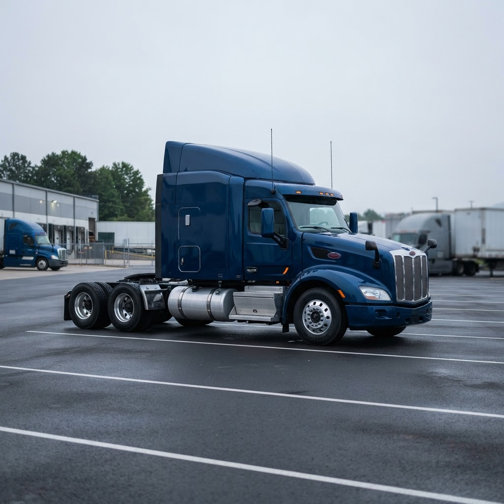 Semi truck tractor parked at a truck yard in morning light